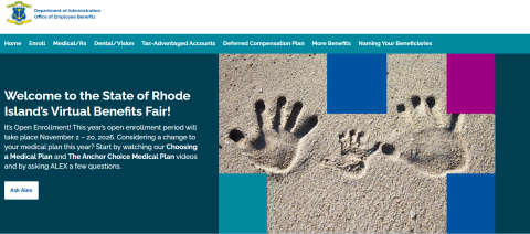 Benefits fair website homepage. Hand prints in the sand on a beach