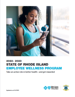 Woman lifting dumbbell and using cell phone on program guide cover