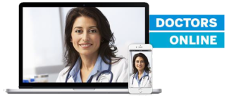Woman's face on laptop and phone screens for Doctors Online