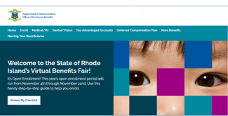 Screenshot of the benefits fair website whihc says "Welcome to the rhode island virtual benefits fair" and a childs face